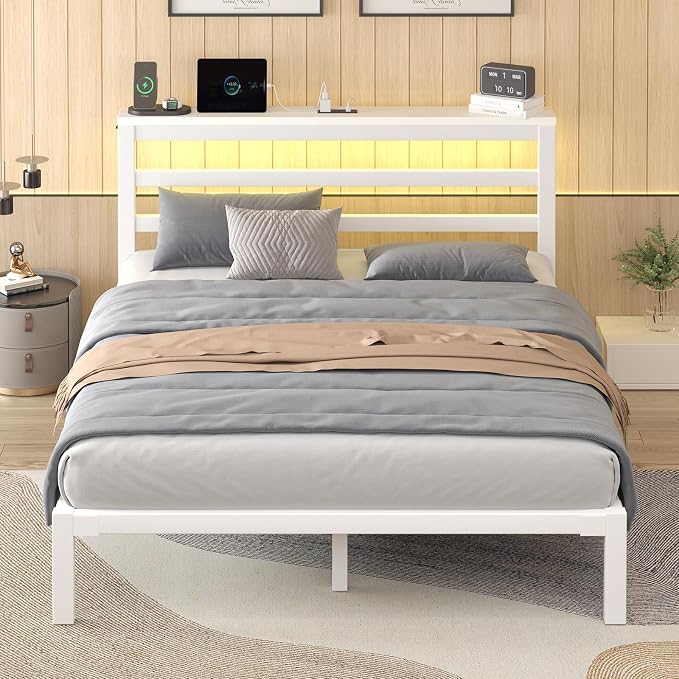 LOEWAY Full Size Metal Bed Frame with Storage Headboard & LED Lights, White | Built-In Charging Station, Under-Bed Storage, Heavy Duty Metal Slats, No Box Spring Needed, Solid and Stable, Easy Assembly
