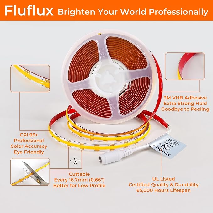 24V DC COB LED Strip Lights 3000K, 100FT UL Listed LED Tape Light, CRI95+, Dimmable, 3W/FT, Cuttable for Kitchen, Under Cabinet Lighting (Power Supply Required, Not Included)