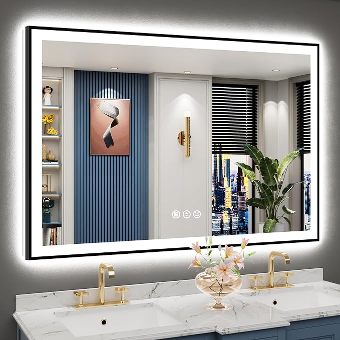 55x36 Black LED Bathroom Mirror, Backlit & Front Lit Lighted Mirror | Metal Framed Anti-Fog Vanity Mirror with Lights, 3 Color Dimmable, Memory, HD Tempered Glass, CRI95, UL Listed, Wall Mounted