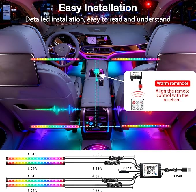 RGB-IC Car LED Interior Strip Lights with Remote Control, Dream Color APP Control Car Inside Ambient Lighting, Multicolor USB Footwell Under Dash Neon Light Kits for Cars,SUVs,ATV,Truck, DC5V