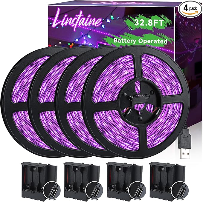 33FT USB Black Lights LED Strip, Battery Operated Black Light Tapestry Light, 300LEDs Blacklight for Bedroom Glassroom, Halloween, Glow Neon Party, Birthday, Fluorescent Poster Painting,4 Pack