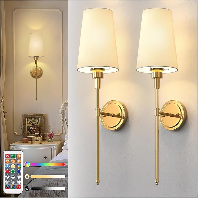 Battery Operated Wall Sconce: Set of 2 Wireless Wall Light 12000mAh | 15 Color Rechargeable Wall Sconces, Sconce Wall Decor Set of 2 for Bedroom, Living Room, Gold, 27in