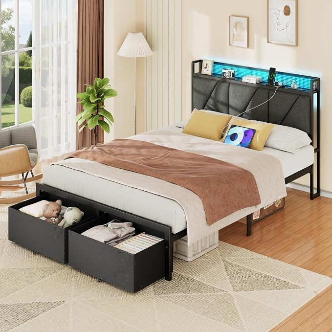 Full Size Bed Frame with 2 Storage Drawers & Upholstered Headboard | Metal Platform Bed with Storage Shelf, Charging Station, LED Lights and Heavy-Duty slats, No Spring Box Needed, Noise-Free