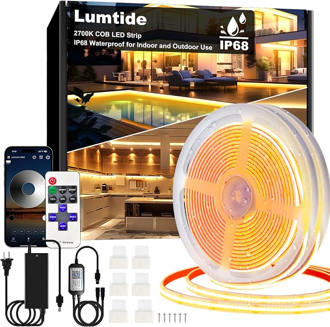 100FT COB Led Outdoor Strip Lights Waterproof IP68 | 24V 2700K Warm White Outdoor Led Strip with APP and Remote Control, Suitable for Eaves, Garden, Pool, Terrace, Bathroom