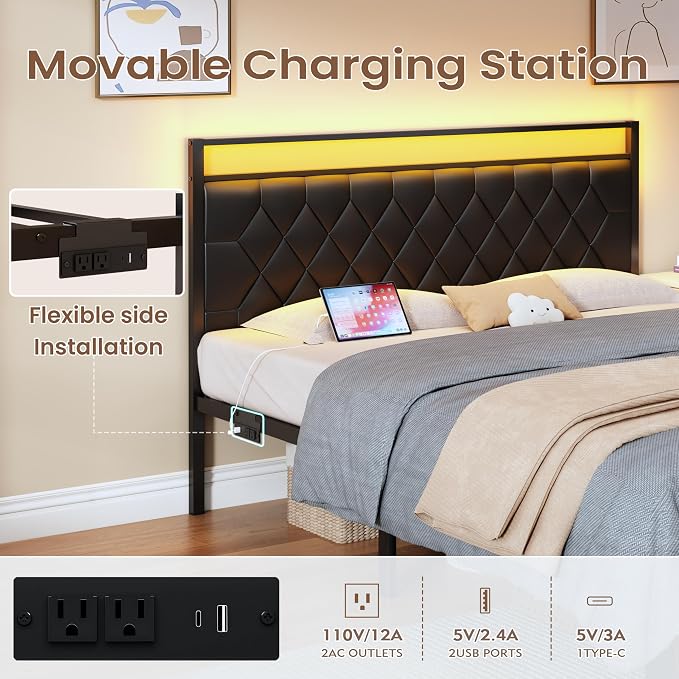 King Size Bed Frame with Charging Station, LED Light and PU Leather Upholstered Headboard, Platform Bed Frame with Under-Bed Storage, Easy Assembly, Noise Free, No Box Spring Needed, Black