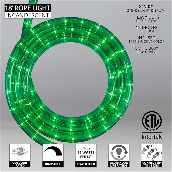 Wintergreen Lighting 18ft 216-Bulb Heavy Duty Incandescent Rope Light Kit, Connectable 120V ETL Indoor Rope Lights Plugin Outdoor Tube Lights for Garden, Patio, Party, Christmas, Green