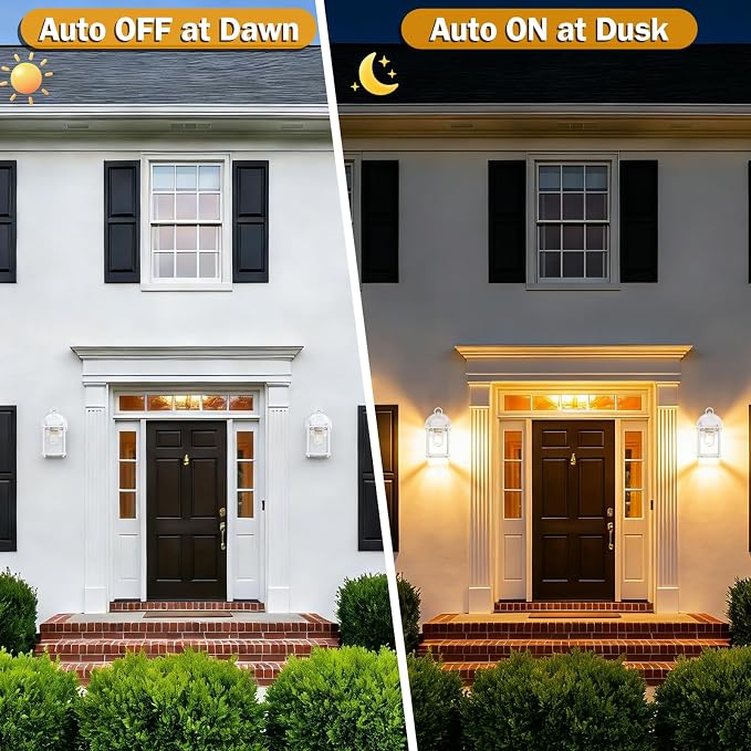 Outdoor Wall Light Fixture, Rustproof Aluminum, Clear Glass | Dusk to Dawn Exterior Porch Light Wall Sconce Lantern for House, Patio, Garage, Waterproof, E26 Socket 60W Max, White, 2 Pack