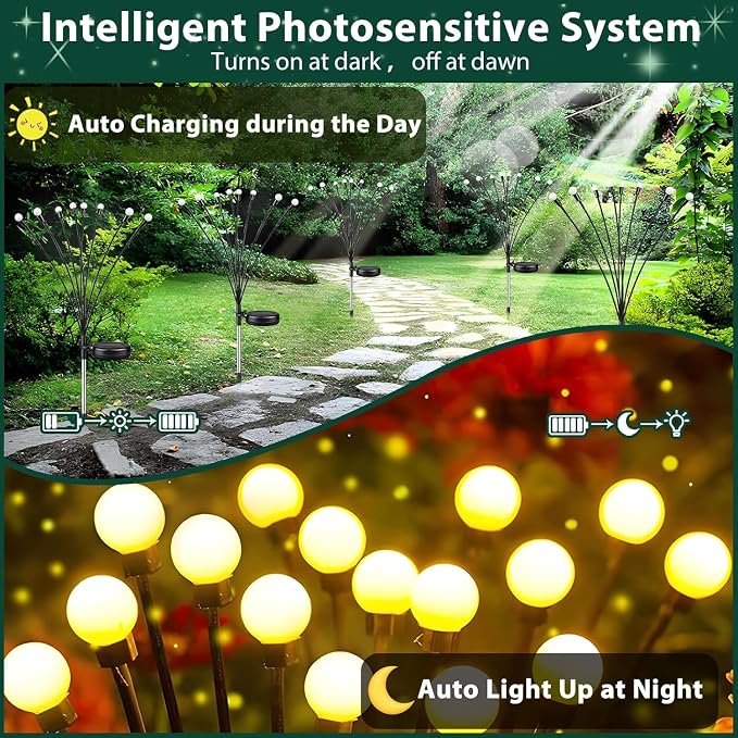 8 Pack Solar Firefly Lights Outdoor Swaying Garden Decor 64 LED Warm White | 2 Lighting Mode, Auto On/Off, Sway with Wind, Waterproof Solar lights Outdoor for Walkway Yard Terrace Holiday Decorations