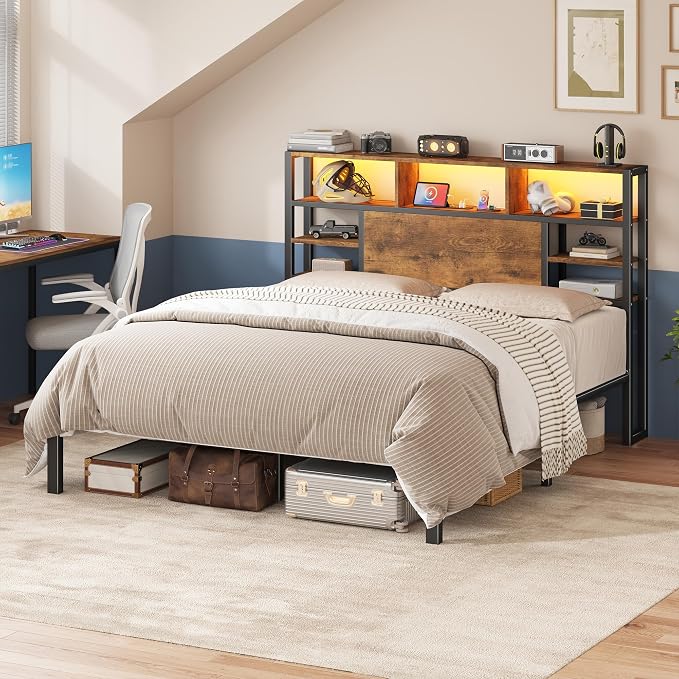 Homkdom Queen Bed Frame with Storage Headboard and Charging Station,Brown | LED Lights，12.2" Under-Bed Storage，Supports up to 1100 LBS，No Box Spring Needed，Noise-Free,Easy Assembly