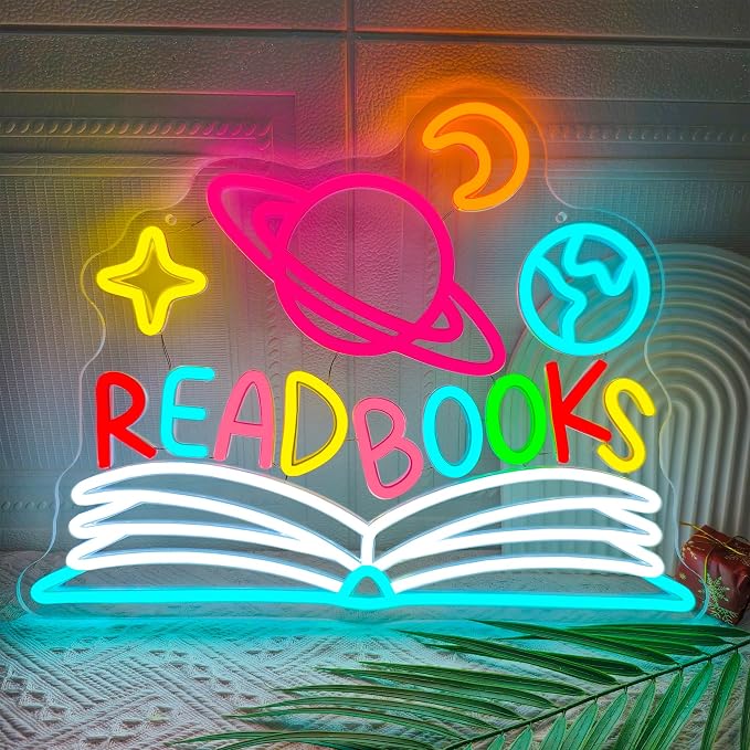 Read Books Neon Sign Dimmable Planet and Book Neon Light for Wall Decor | USB Powered Read LED Neon Signs for Classroom Reading Room Bookstore Library Bedroom Study Room Bookish Decoration for Teens