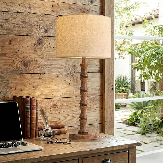 ILLMTW Wood Table Lamp Set of 2,Vintage Buffet Lamps Mid Century Bedside Lamp Wooden Nightstand Lamp Farmhouse Retro Side Tall Table Lamp Rustic Boho for Bedroom Living Room