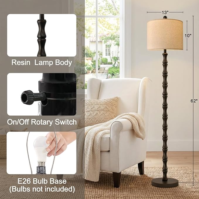 62" Farmhouse Floor Lamp for Living Room, Rustic Standing Lamp with Linen Shade and Rotary Switch, Resin Corner Floor Lamp for Bedroom, Dining Room, Office, Home Decor, Dark Brown