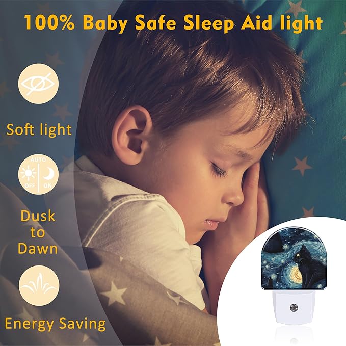 Starry Night Black Cat Night Light Plug into Wall, Abstract Oil Painting Cat Dusk to Dawn Night Light Plug in,0.5w Energy Saving Sleep Friendly Nightlight for Kids Boys Girls Home Decor