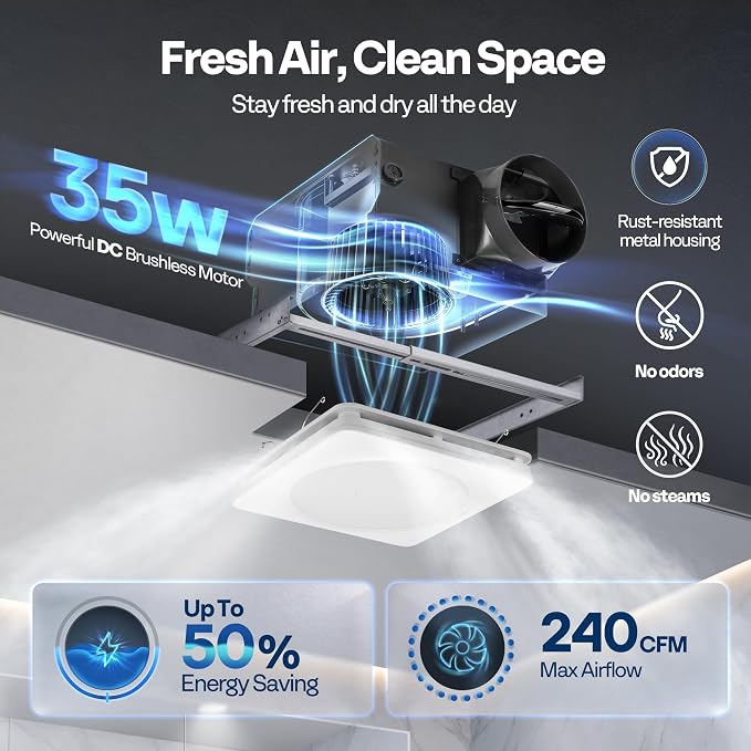 VIVOHOME Bathroom Exhaust Fan with Humidity Sensor, 240 CFM 6 Speed, 5-Color LED Light, 2700K/3200K/4000K/5000K/5700K & Nightlight, Remote Control