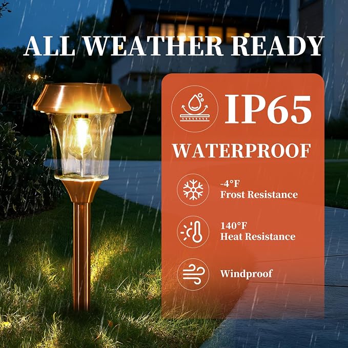 Solar Pathway Lights Outdoor, Landscape Lighting 4 Pack | Stainless Steel & Glas, 12-25 LM Dimmable, Auto On/Off, IP65 Waterproof, Outdoor Lights for Yard, Lawn, Walkway, Driveway