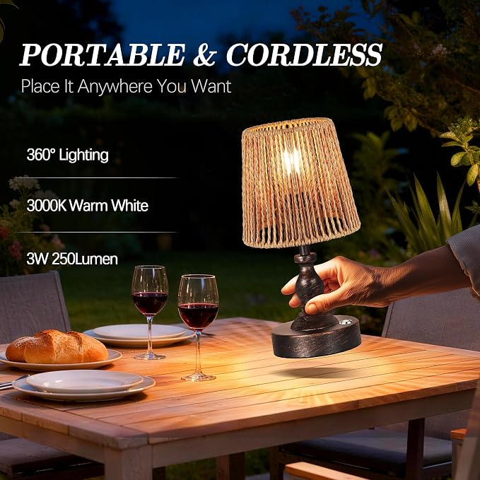 Mini Cordless LED Table Lamp, 5200mAh Rechargeable Battery Operated Lamp, 3-Level Brightness, Touch Dimmable Desk Lamp, Bedside Night Light with Rattan Shade, Oil Rubbed Bronze