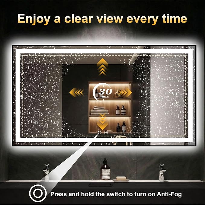 LED Bathroom Mirror with Light, 30x55 Vanity Mirror for Wall with Frame | Anti-Fog, Dimmable 3 Colors, Memory Function, Backlit and Front Lit, Shatter-Proof Glass, Plug-in/Hardwired