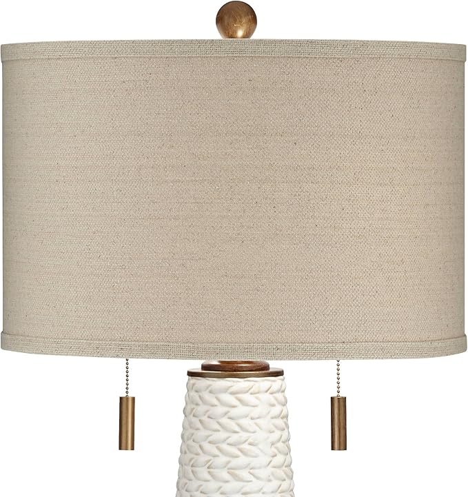 Possini Euro Design Kingston Mid Century Modern 3-Way Table Lamp 32 3/4" Tall with USB Charging Port White Ceramic Taupe Drum Shade for Bedroom Living Room Nightstand Bedside Night Stand Office