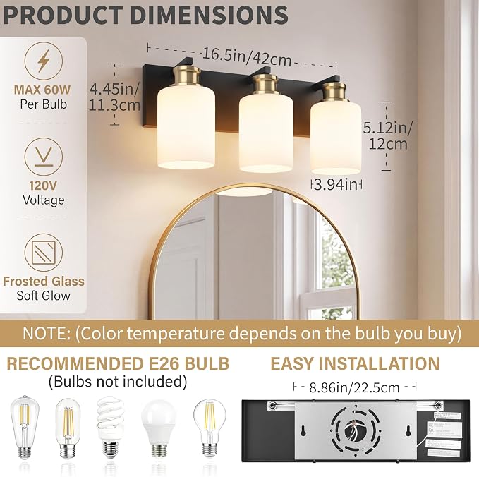 3-Light Bathroom Vanity Light, Black and Gold Vanity Lights for Bathroom | Bathroom Light Fixtures over Mirror with White Glass Shade, Modern Vanity Light Fixture, Wall Sconces Lighting, 16.5 Inch