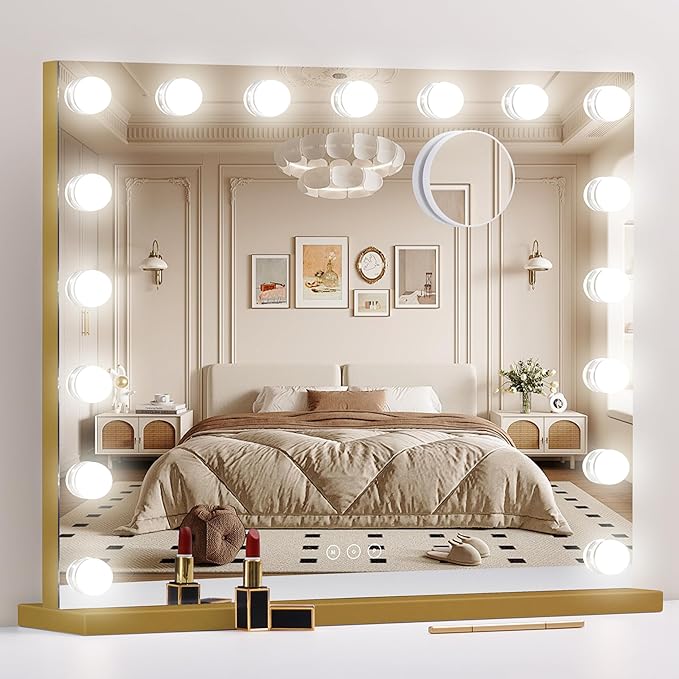 Vanity Mirror with Lights 23.6''x20.5'' Makeup Mirror with Lights Lighted Up Mirror with Dimmable Bulbs,3 Color Lighting Modes,USB Charging Port Touch Control Design Gifts for Women Gold