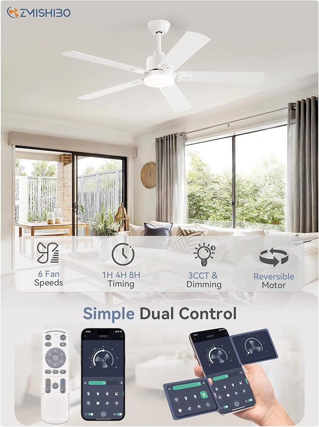 ZMISHIBO 2 Pack 52" Ceiling Fan with Light and Remote, White Modern Indoor | 24W 2400LM Bright LED, 3CCT, Dimmable, App Control, Farmhouse Dual Finish Blades, Quiet&Strong Motor for Bedroom, Living Room
