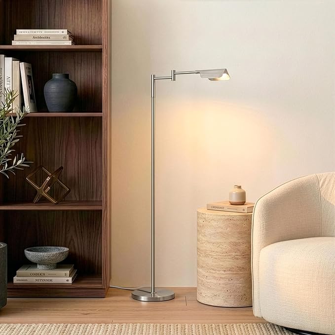 Brightech Leaf Pharmacy LED Reading Lamp, Dimmable Floor Lamp with Easy Adjustable Rotation Over Chair or Desk for Living Room, Work Light for Office, Modern Minimalist Home Decor - Platinum Silver