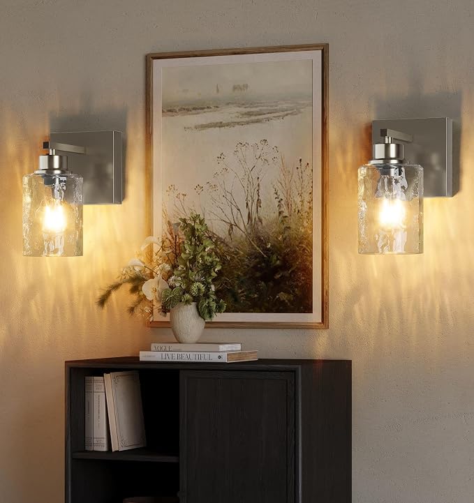 Hammered Glass Wireless Battery Operated Wall Sconces Set of Two Nickel | Dimmable Rechargeable Wall Lights with Remote Timer, Easy Install Lamp for Living Room Bedroom, Emergency 3000K