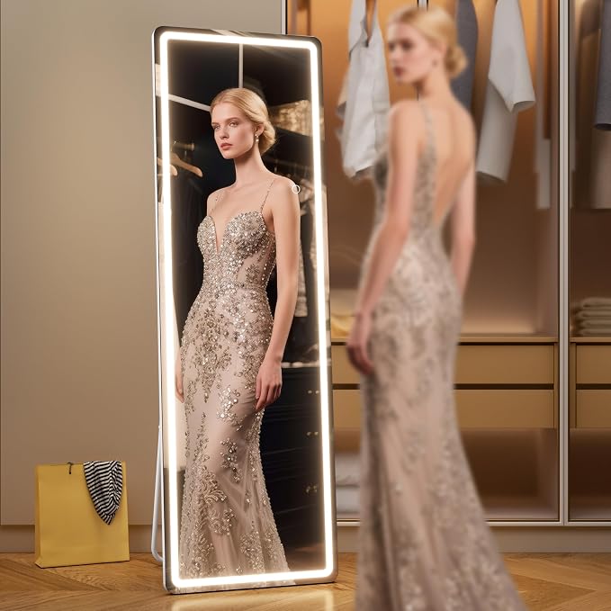 Full Length Mirror with Lights, 56" x 15.8" LED Lighted Floor Standing Body Mirror, Dimmable & 3 Color Lighting Cloakroom, Dressing Room, Tempered Glass, Rounded Corner White