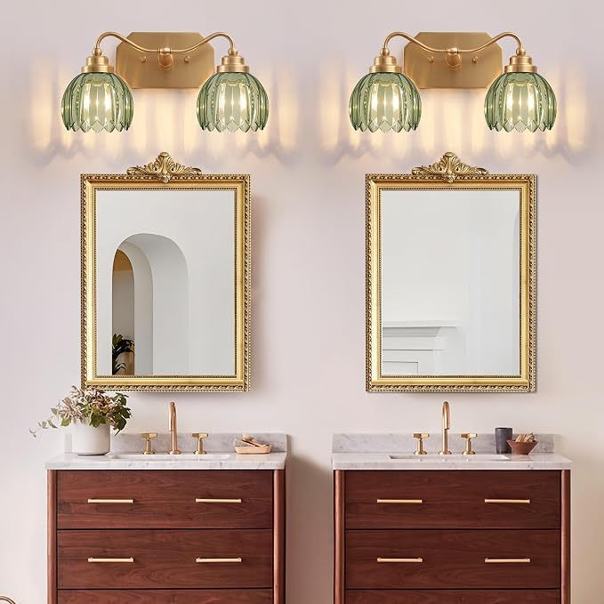 Vintage Gold Vanity Lights, 2-Light Green Tulip, Antique Brass Finish | Brushed Gold Bathroom Light Fixtures, Crystal Wall Sconce Ideal for Bedroom, Living Room, E26 Compatible, Easy Install