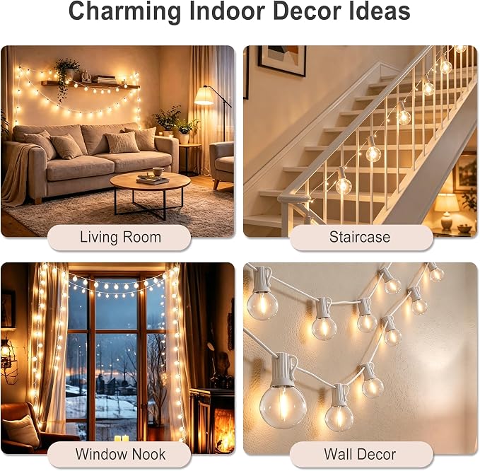 Outdoor-String-Lights with Remote 53FT Waterproof lights for Outside Patio | 12 inch Bulbs Apart,White Cord String Lights,Connectable Dimmable Patio Lights with Remote,Timer,3 Modes for Backyard, Bistro
