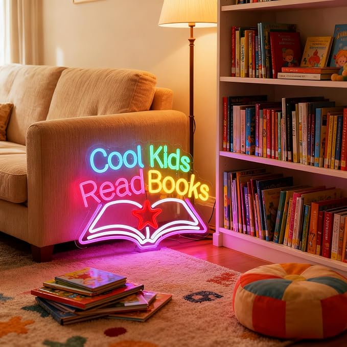 Cool Kids Read Books Neon Sign - Classroom Reading Corner Decor | 15.7"x11.8" Book-Shaped Light with Dimmer, 6.5ft USB Powered, Hanging Chain Included, Night Reading Lamp