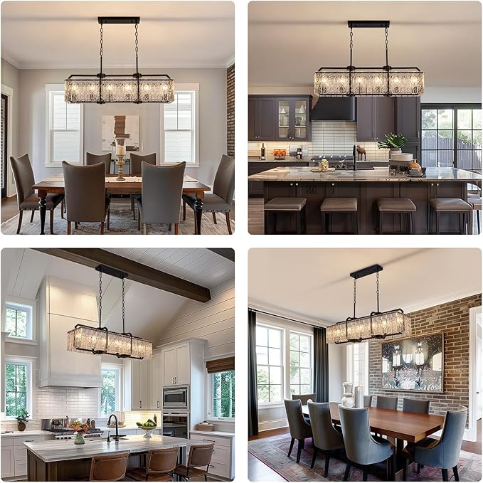 CROSSIO Modern Rectangle Black Crystal Chandeliers for Dining Room, L40 Rectangular Water Ripple Glass Pendant Light Fixture, Linear Farmhouse Lighting for Kitchen Island, Living Room, 6 Lights