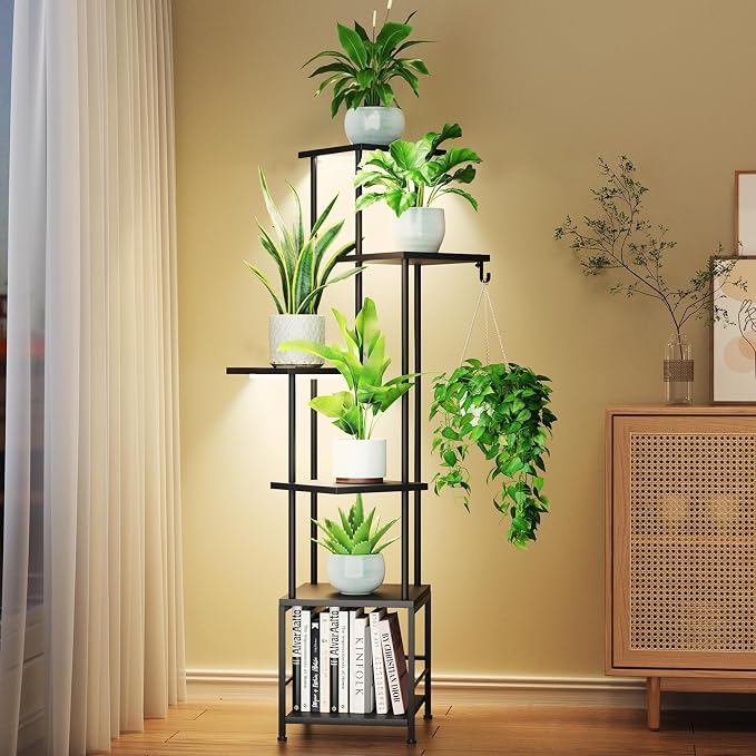 Plant Stand Indoor with Grow Light - 6-Tier Metal Plant Shelf with Hanging Basket Hook, Corner Tall Flower Holder for Multiple Plants, Living Room Balcony Garden Patio, Black