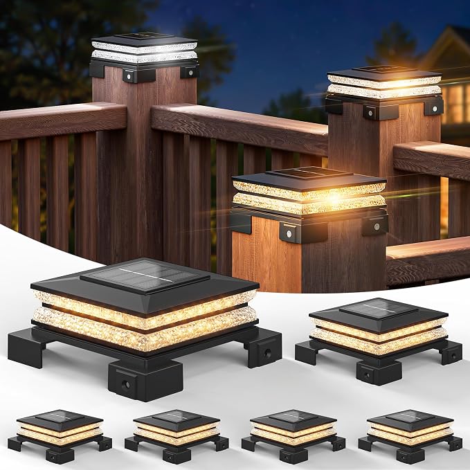 APONUO Solar Post Cap Lights Outdoor, 3 CCT & 2 Brightness Deck Post Lights Solar Powered for 4x4 5x5 6x6 Vinyl Wooden Posts, Waterproof Dusk to Dawn Fence Deck Lights for Patio Garden, Black, 6-Pack