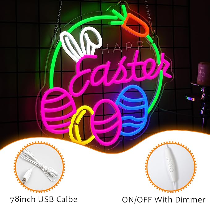 LISIGNVE Easter Neon Sign for Wall Decor Happy Easter Neon Lights with Cute Bunny Eggs LED Rabbit Carrot Light Signs for Bedroom Party Home Bar