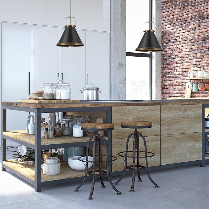 GLOBE Electric x Novogratz 65844 1-Light Pendant Light Fixture, Matte Black, Brass Accents, Living Room Pendant Light, Dining Room Fixture, Kitchen Island Lighting, Hanging Lights for Bedroom