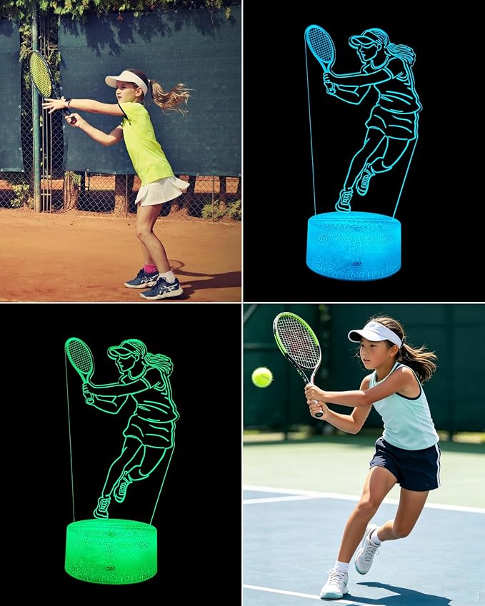 Tennis 3D Illusion Night Light Gift for Girls, 16 Colors Changing | Dimmable, Touch & Remote Control, Room Bedroom Décor, Birthday Christmas Kid Teen Women Ball Player Sport Fan Lamp