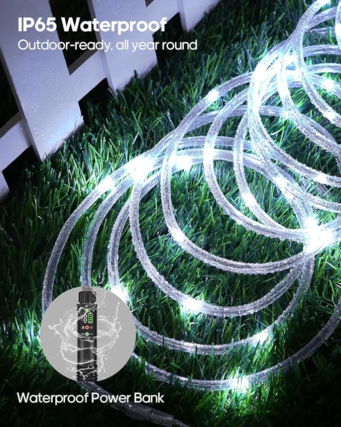 Rechargeable Rope Lights, 39FT 120LED Outdoor Waterproof String Lights with 1200mah Portable Rechargeable Battery, Timing & 8 Modes for Party Christmas Camping DIY Tree trampoline - Cool White 1 Pack