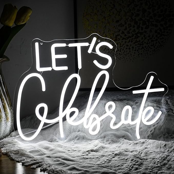 Let's Celebrate Neon Sign Dimmable White Neon Light Let's Celebrate Neon Signs for Wall Decor Powered by USB Words LED Lights for Bedroom Party Thanksgiving(16.5"x11.8")