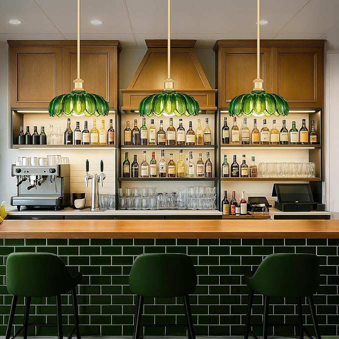 FEMILA Retro 10.4" Green Glass Pendant Light for Kitchen Island | Brushed gold floral vintage glass pendant lighting for kitchen sinks and foyers, E26 base, adjustable hanging height
