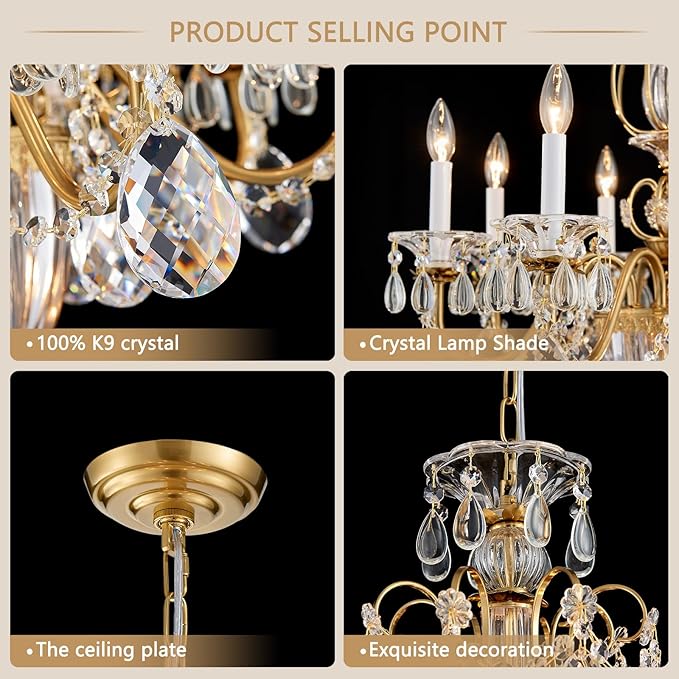 Vintage Crystal Chandeliers for Dining Room, 8-Light Brass Classic Candle Chandelier Pendant Ceiling Light Fixture for Living Room Bedroom Kitchen Foyer Hallway Staircase 30.3" H x 26.8" D