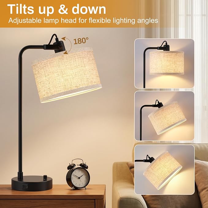 Black Table Lamp Set of 2 with USB A and C Ports, 180° Adjustable Stepless Dimming Bedside Lamps for Night Stands, E26 LED Bulb Included, Industrial Desk Lamps for Home Office, Bare Bulb Compatible