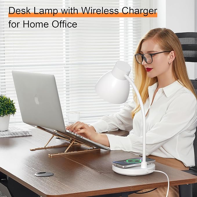 LED Desk Lamp for Home Office with Wireless Charger, White | 3 Color Modes Dimmable Eye-Caring Study Reading Dorm Desk Lamp, 360° Flexible Arm Table Lamp for College Dorm Room, 800 Lumen