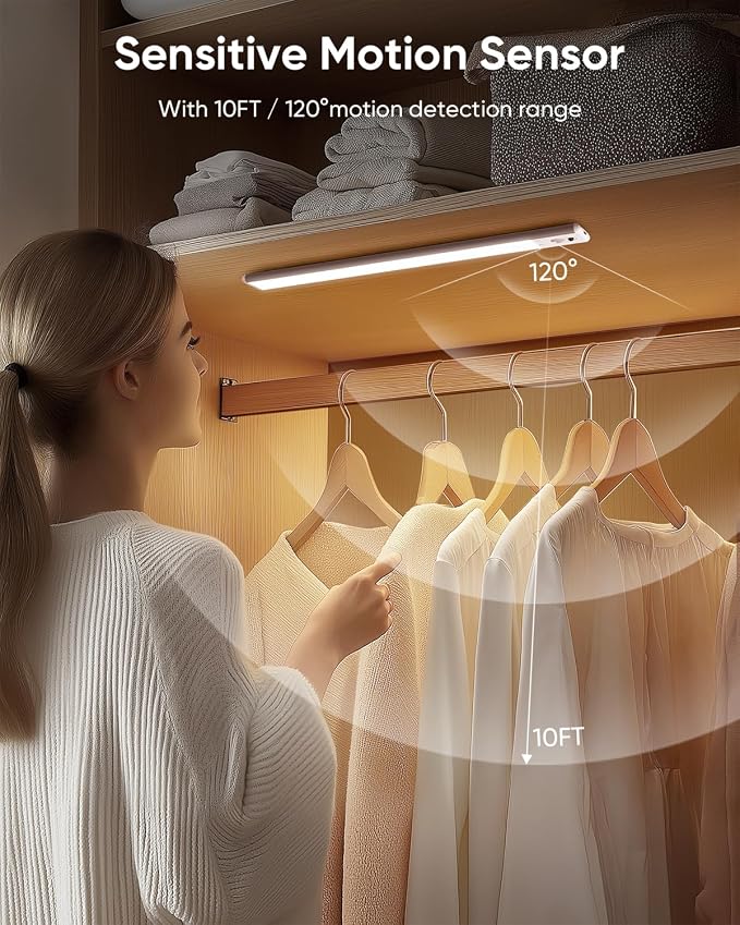 Under Cabinet Lighting Wireless, Rechargeable LED Motion Sensor Light Indoor, Closet Lights with Remote, Timer, 3 Color Temps & Dimmable Magnetic Under Counter Lights for Kitchen, Stairs, 6 Pack