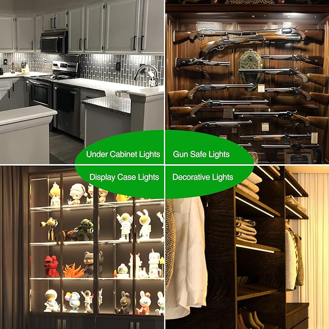 AIBOO Under Cabinet Lighting, Timer & CCT 2700-6000K with Slider Dimmer, Plug-in 12Inch 12W Lights for Curio Cabinet, Kitchen, Bookshelf (4 Bars Kit)