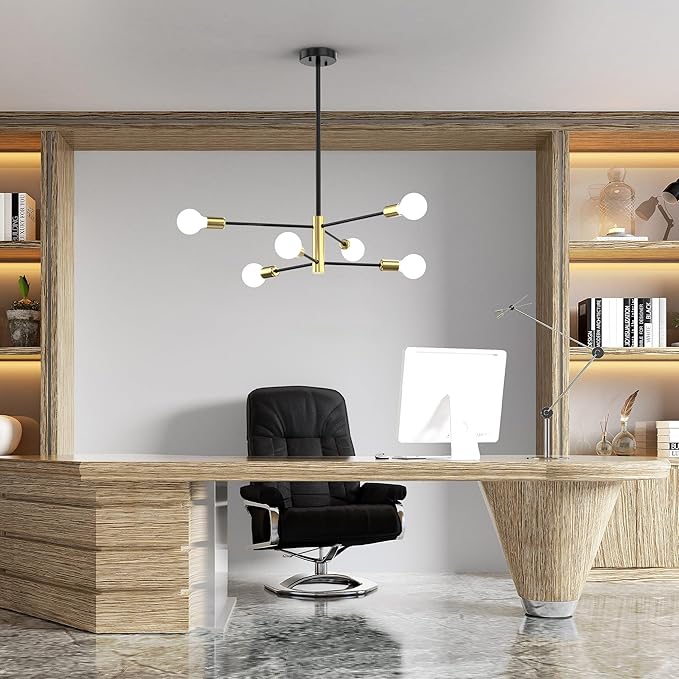 Modern Sputnik Chandeliers for Dining Room, Height Adjustable Semi Flush Black and Gold Chandelier Ceiling Mount Light Fixture 6-Light Mid Century for Living Room, Kitchen Island, Bedroom