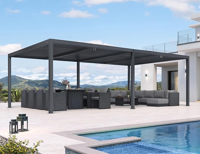 PURPLE LEAF Outdoor Pergola 94AS 14' x 24' Large 53mph Wind Resist Gray | Four Adjustable Louvered Roofs, 53Mph Wind Resistant Engineering, Rainproof Gutters, Zero-Rust Aluminum.
