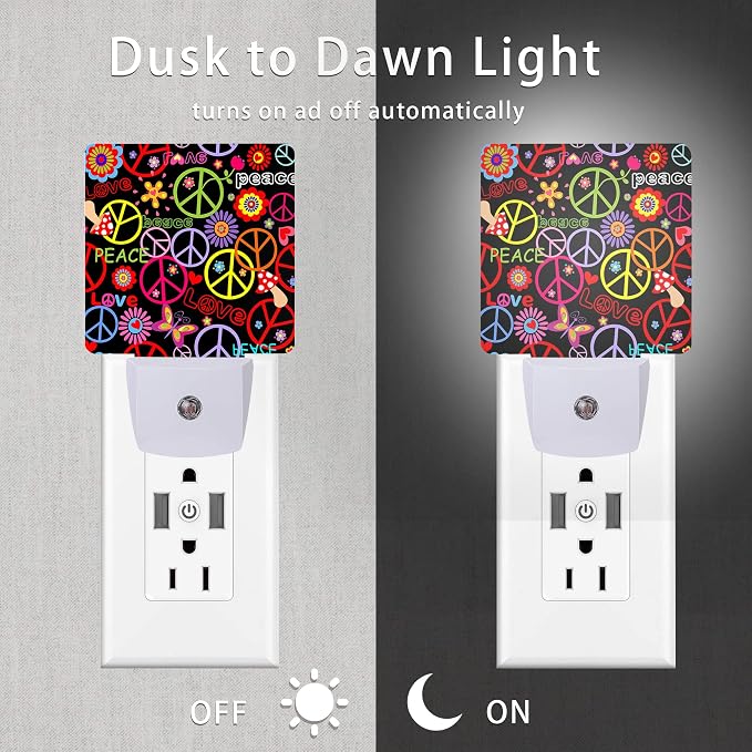 Hippie Peace Flowers Night Light,Hippies Plug-in Night Lights with Dusk-to-Dawn Sensor for Bedroom, Bathroom and Living Room 0.5W Sleep Friendly lamp for for Girlfriend/Boyfriend Gift