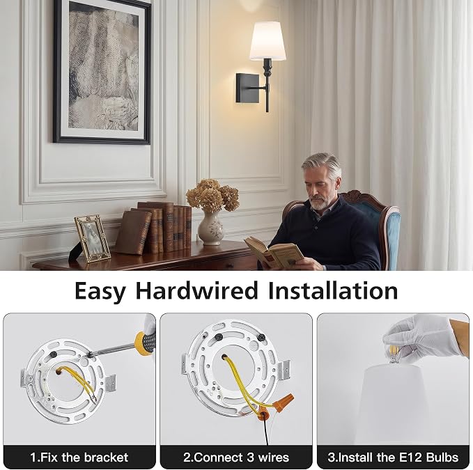 Vintage Bathroom Wall Sconce,Hardwired Bedside Wall Sconces Set of 2,Black Bathroom Light Fixture with White Fabric Shade for Bedroom Living Room Hallway Farmhouse,Convertible Height,E12 Base