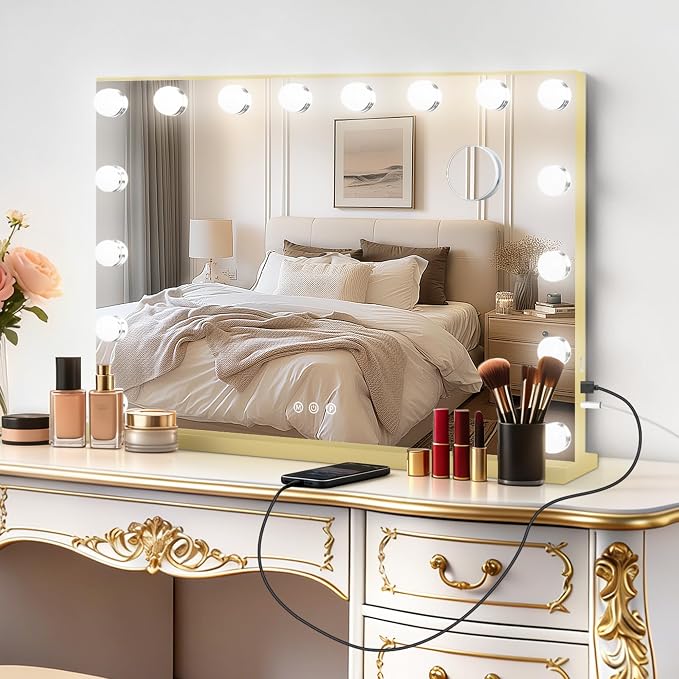 Moonee Vanity Mirror with Lights, Gold Hollywood Lighted Makeup Mirror with 17 Dimmable Bulbs and 10X Magnification, 3 Colors Modes, Aluminum Metal Frame, Light Up Mirror for Tabletop/Wall（26" x 20"）